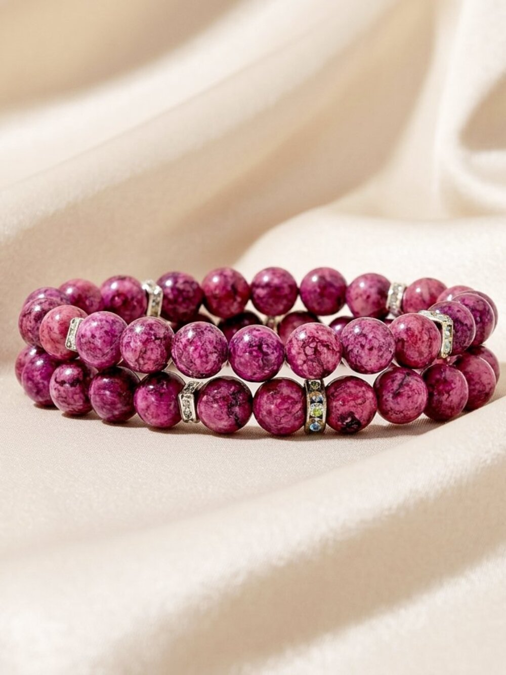 Feminine Gemstone Bracelet Set, Genuine Pink Jasper Stretch Bracelets, Unique